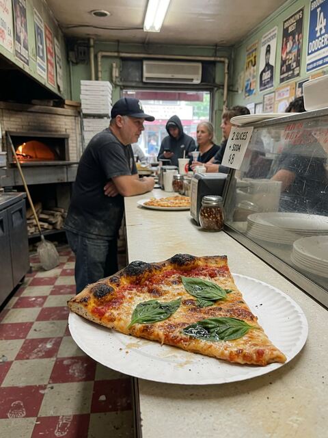 A slice of pizza with fresh basil on a paper plate at a pizzeria counter