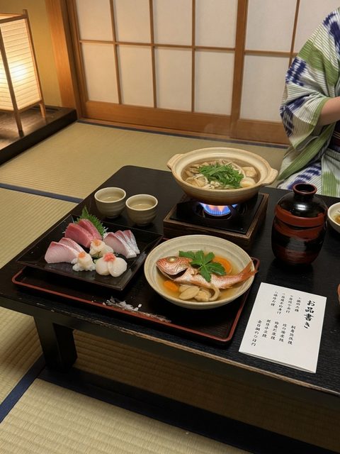 箱根の旅館、座卓の夕食