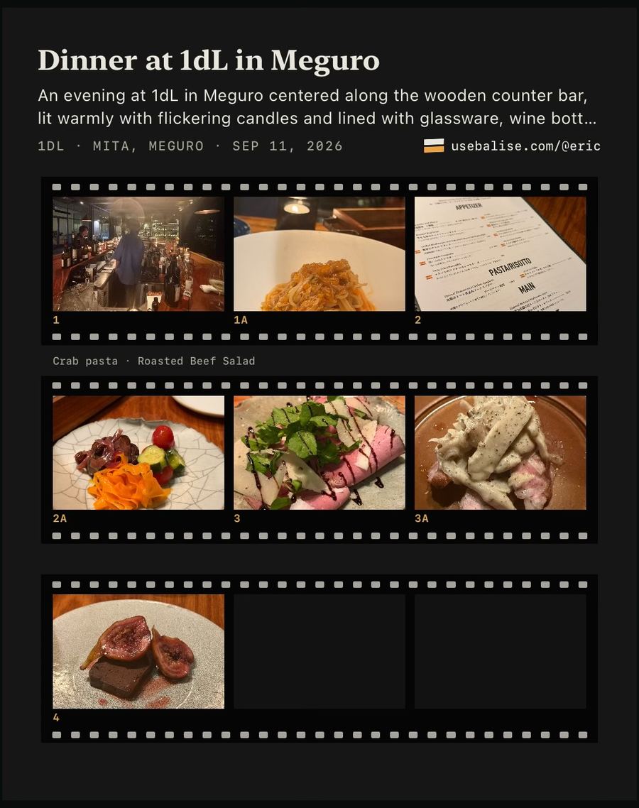 A Balise Story on an iPhone, titled Dinner at 1dL in Meguro, with photos of the bar, the menu and each course